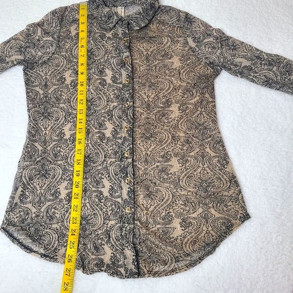 Perseption Concept Womens Semi Sheer Button Down Blouse Top Size Large Tan Black - Picture 15 of 16